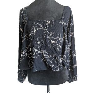 Billabong Black Floral Boho Peasant Top Small Square Neck Long Sleeve